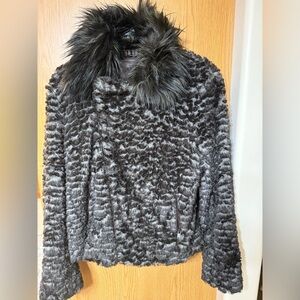 Adrienne Landau Womens Luxury Brown Faux Fur Moto Full Zip Pockets Jacket Sz L